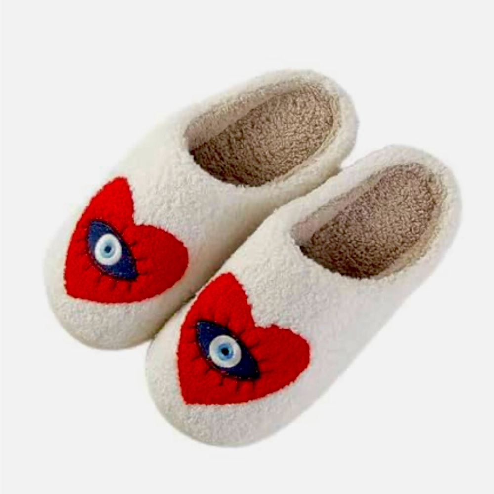 Red and White Cozy Slippers with Heart Design